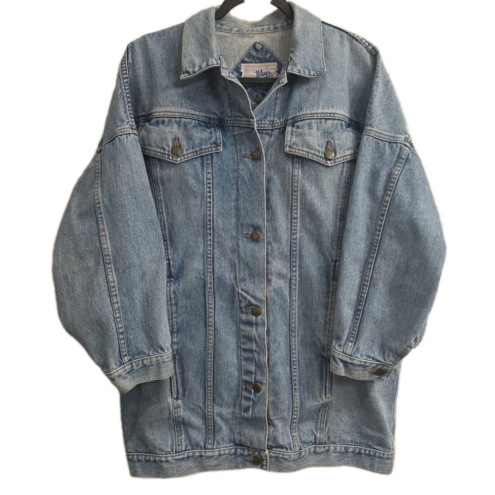 Retro Weathered Blues Long Denim Jacket Women's Size Large Vintage‎